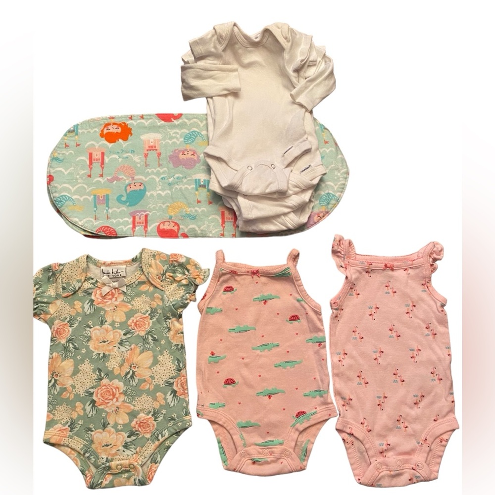 Bundle Size 0-3 Mos and 3 Mos Baby Girl Onsies and Mermaid Burp Cloths